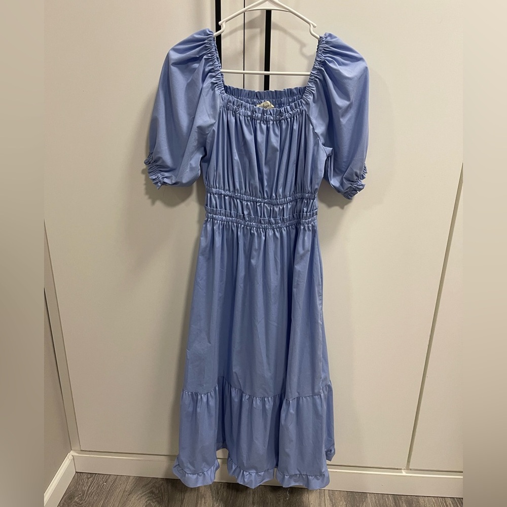 Midi Square Neck Light Blue Puff Sleeve Dress